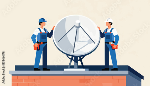 Two technicians in blue overalls install a large satellite dish on a rooftop