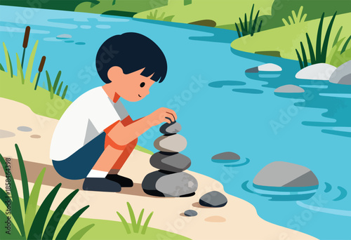 Boy stacking rocks by a blue river with green grassy banks
