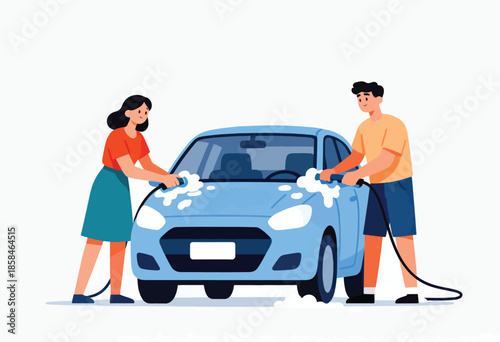 Couple washing a blue car with soap and water