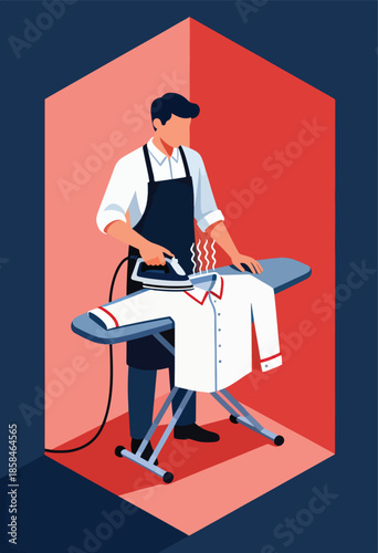 A man in an apron irons a white shirt with red trim on an ironing board