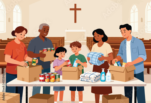 Diverse volunteers pack donations in a church hall, preparing boxes of goods