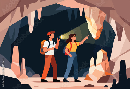 Two explorers with backpacks navigate a cave, one with a flashlight