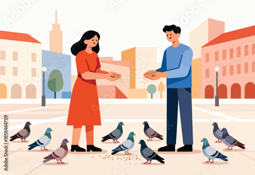 A man and woman feed pigeons in a city square