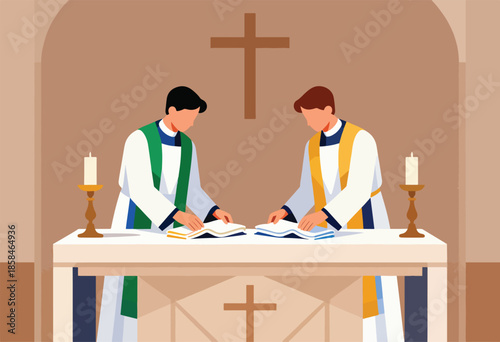 Two men in religious vestments stand at an altar with books and candles