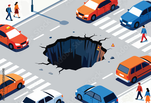A large sinkhole swallows a street, cars and pedestrians navigate cautiously
