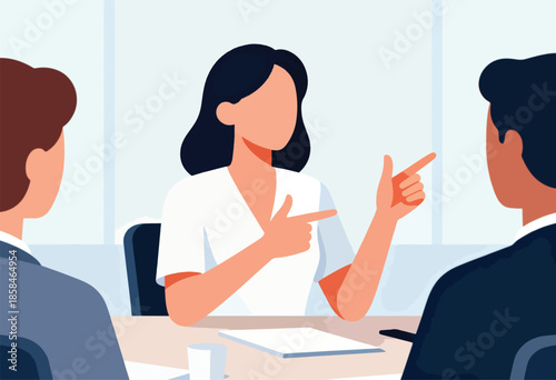 Three people at a table in a meeting, one woman gestures to two men