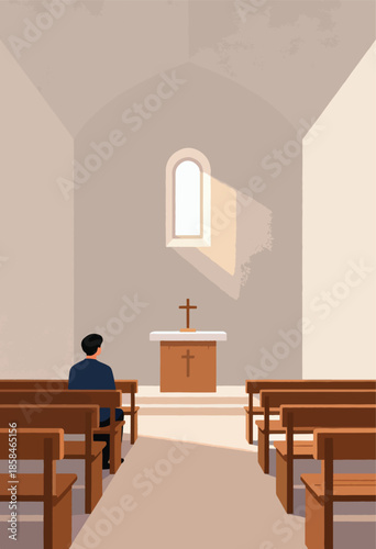 A solitary figure kneels in a sunlit church, facing the altar and cross