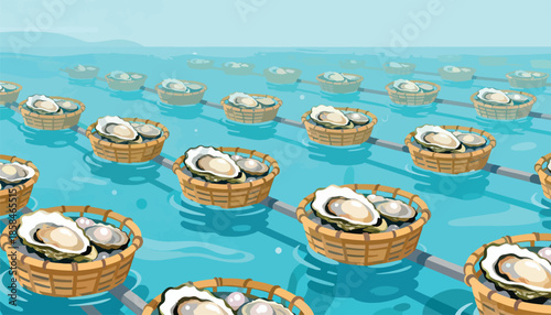 Numerous baskets of oysters float in tranquil blue water, lined up in neat rows under a pale sky
