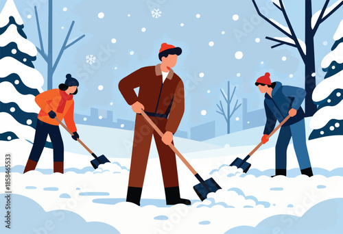 People shoveling snow in a winter landscape with snow-covered trees