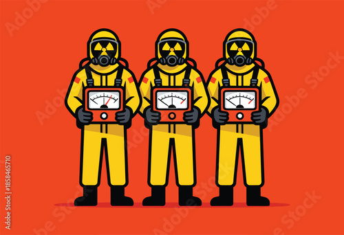 Three figures in yellow hazmat suits hold radiation detection devices