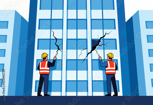 Workers inspect a large building with visible cracks
