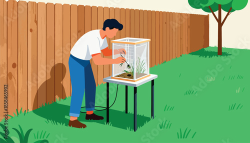 Person tending to plants in a clear enclosure on a table outdoors