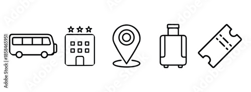 Travel icons including bus, hotel, map, luggage, and ticket on transparent background