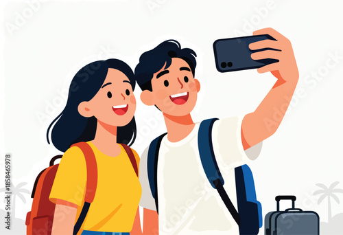 Young couple with backpacks and luggage taking a selfie during vacation