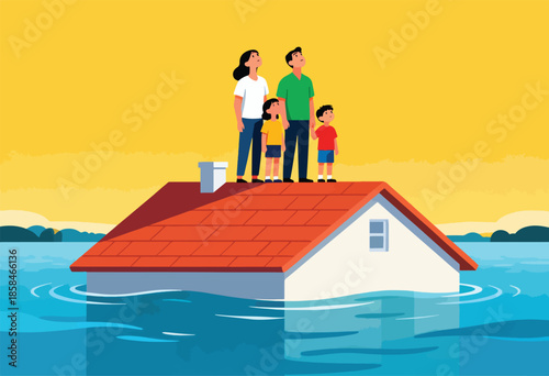 A family stands on a flooded house roof against a yellow sky
