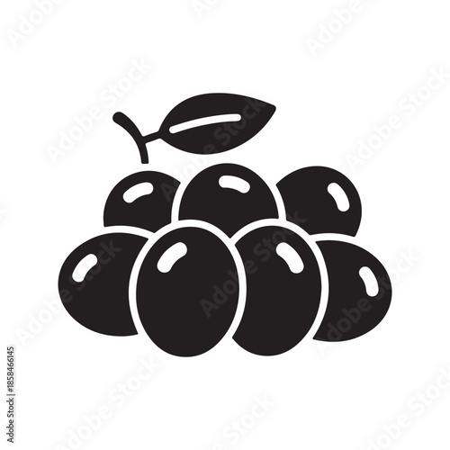 Grapes black silhouette icon isolated on white background, black cluster of round fruits with single leaf, dark stylized image of fresh healthy organic food