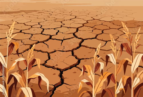 Cracked earth with dying crops, symbolizing drought and environmental hardship
