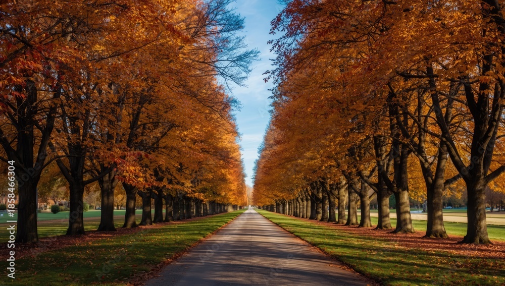 Fototapeta premium Fall scenery with tall trees displaying colorful foliage, highlighting seasonal transition