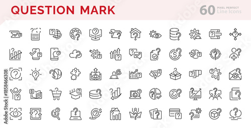 Question mark linear icons.  FAQ, manual, search, guidance, instruction, onfusion, asking and questioning, question mark, survey vector icon set. Editable stroke
