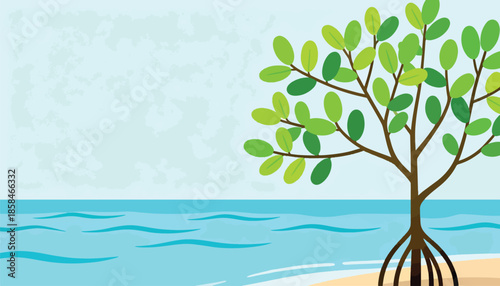 A lone mangrove tree with aerial roots stands on a sandy beach beside calm turquoise ocean