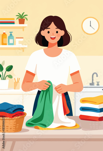 Cheerful person folding clean laundry in a brightly lit room with plants and shelves