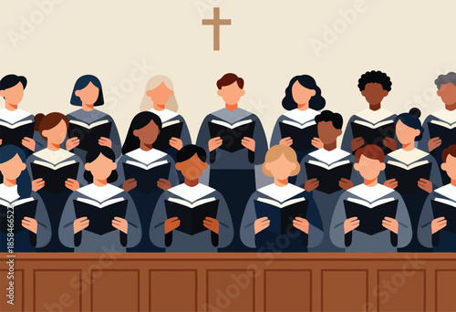 Diverse group of people in choir robes singing from books, with a cross above
