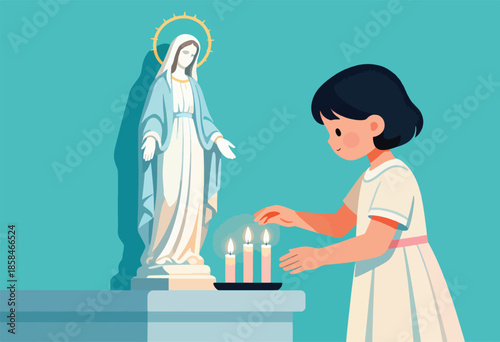Child lights candles before a statue of a religious figure with a halo