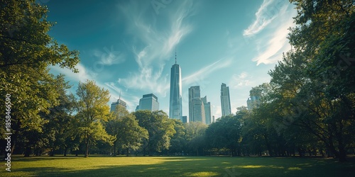 High-rise buildings overshadow greenery in a city park, illustrating urban development and land use