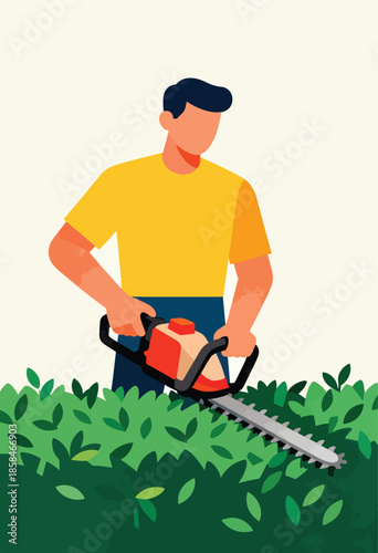 Person trimming hedges with a powered cutter, tending to garden foliage