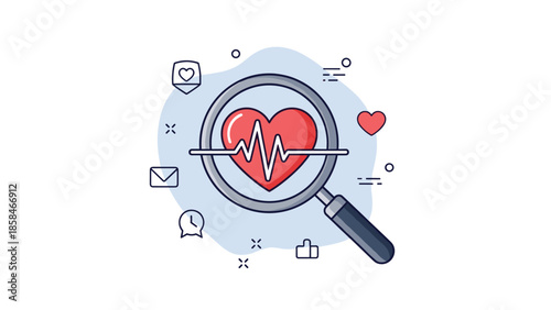 Professional magnifying glass focusing on a red heart with an EKG pulse line for medical research or cardiovascular checkup themes.