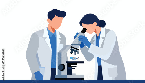 Two scientists in lab coats examine a specimen under a microscope