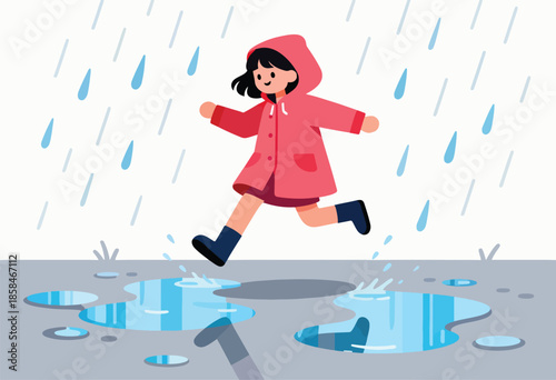 Animated child in raincoat happily jumps through puddles on a rainy day