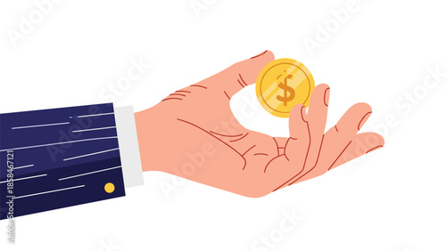Close up of a business suit sleeve and a hand holding a shiny golden dollar coin representing financial profit or investment.