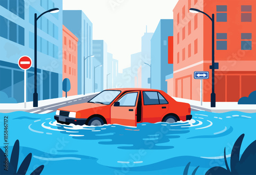 A car submerged in flooded city streets with buildings and streetlights visible