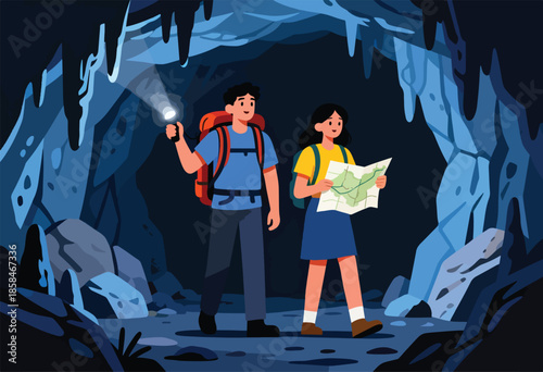 Explorers with flashlight and map navigating a dark, rocky cave