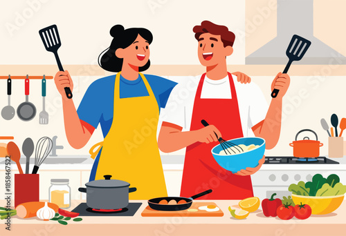A smiling couple in aprons happily cook together in a vibrant kitchen, with utensils and ingredients visible
