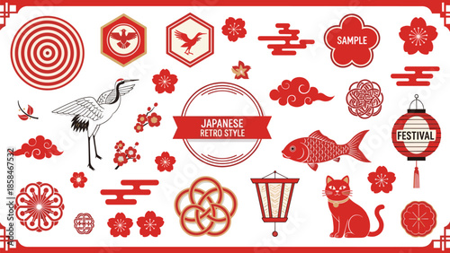 Japanese retro style design elements, crane koi cat motifs, cherry blossom lantern cloud patterns, cultural symbols set, flat vector illustration