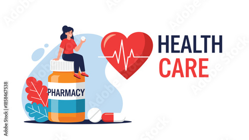 Illustration of a smiling woman sitting on a large orange medicine bottle next to a big heart and HEALTH CARE text for medical concepts.