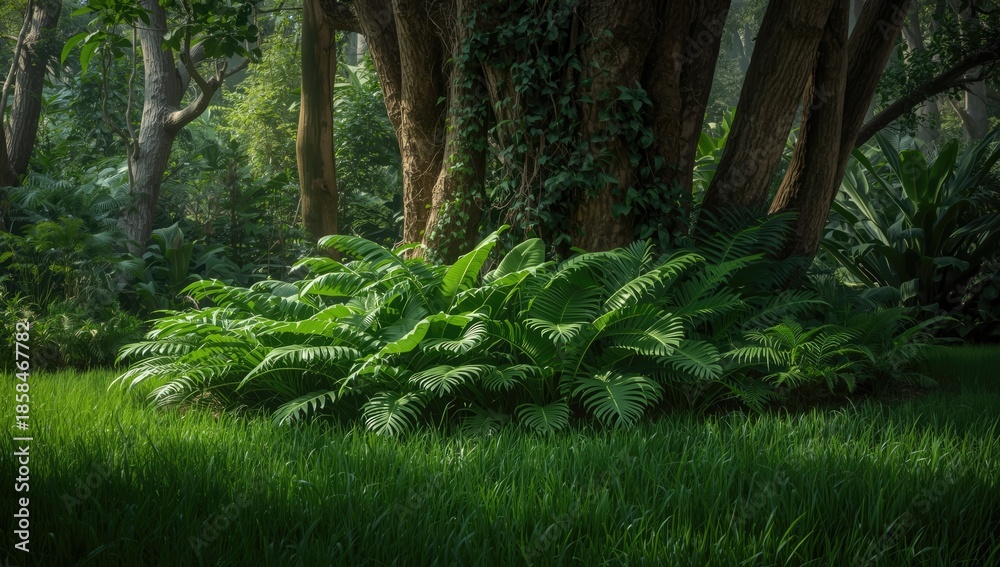 Fototapeta premium Vivid tropical foliage in dense forest setting, highlighting natural landscape and plant diversity, summer
