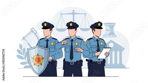 Three Police Officers Standing Guard with Shield and Clipboard.