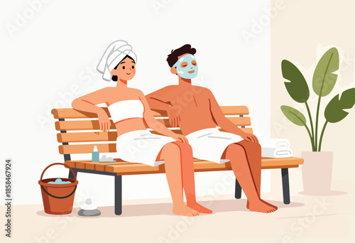 Couple relaxing in spa with face masks and towels on wooden bench