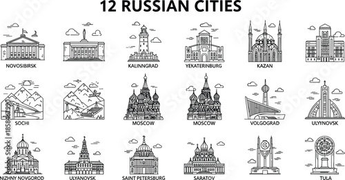 Large set of black and white line art icons featuring famous architectural landmarks and monuments from twelve major Russian cities