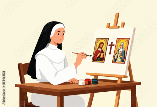 Nun painting religious icons on canvas with watercolors on a wooden easel