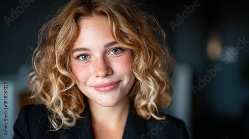 Wallpaper Mural A young woman with beautiful, curly hair is smiling warmly while wearing a stylish blazer, exuding confidence and a professional vibe in an elegant setting. Torontodigital.ca