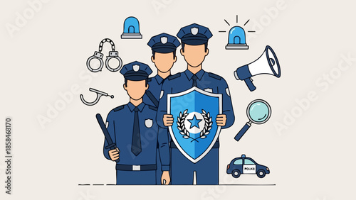 Police Officers Standing Together Holding Shield Symbolizing Law Enforcement.