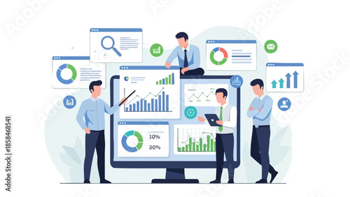 Business analytics team analyzing financial data on large screen.