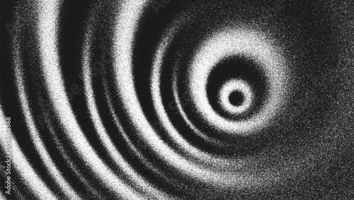 Grainy black and white background with concentric circular waves, glowing highlights and spiral ripples created from thousands of individual dots. Glares create an illusion of depth and optical motion