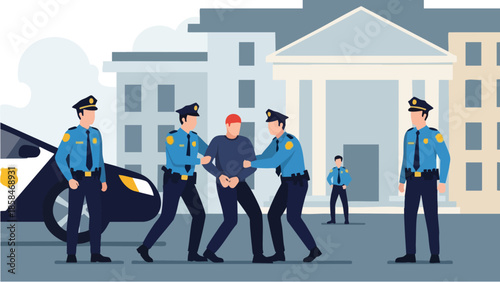 Police officers arresting a suspect outside a building.