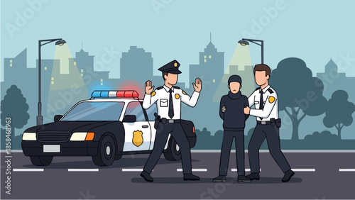 Police officers arresting a suspect on a city street.