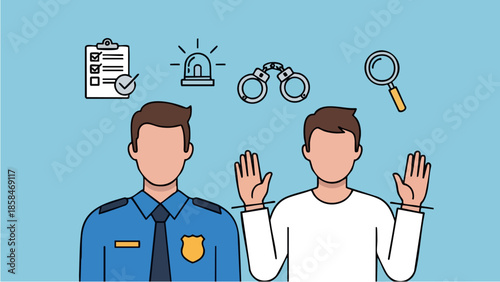 Police officer arresting a suspect with handcuffs and icons.